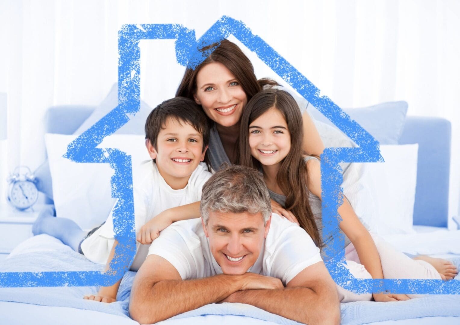 Digital composite image of family on bed together with house outline